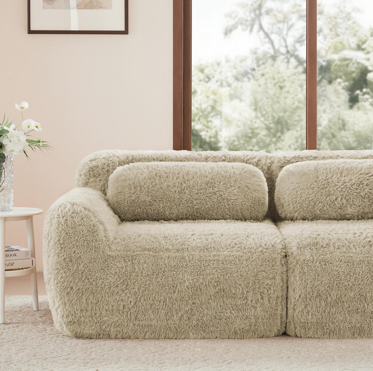 MODULÁRNÍ pohovka světle khaki z plyše bez montáže s měkkým polstrováním - béžová, textil (179/204cm) - OKWISH