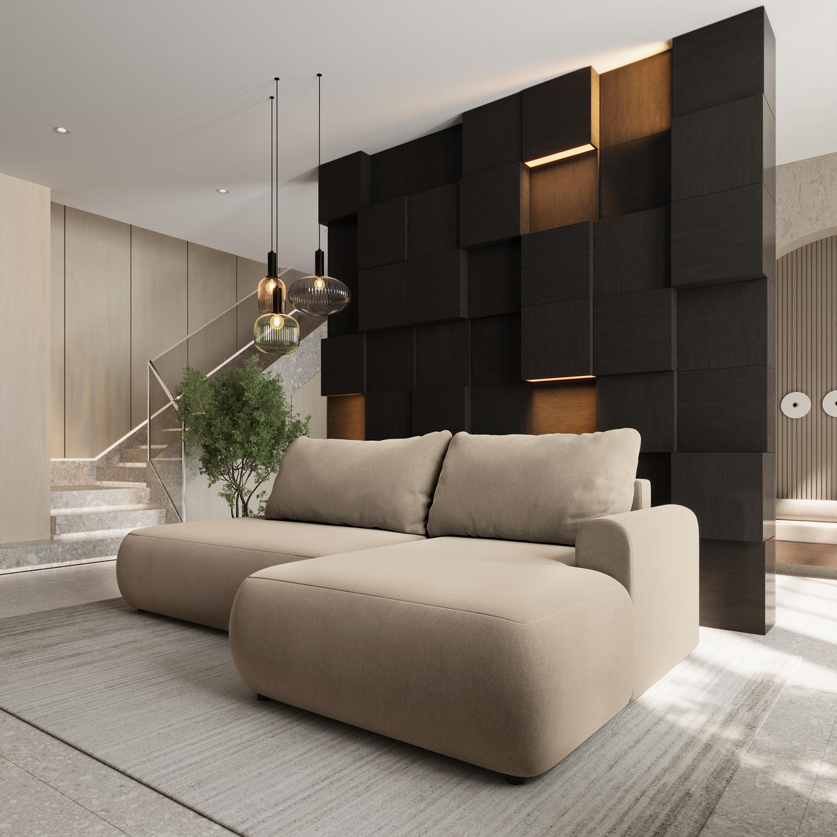 ECKSOFA NUVIRA CL R-S Beige Samtstoff mit Schlaffunktion - Beige, Holzwerkstoff/Textil (279/158cm) - MASSENO