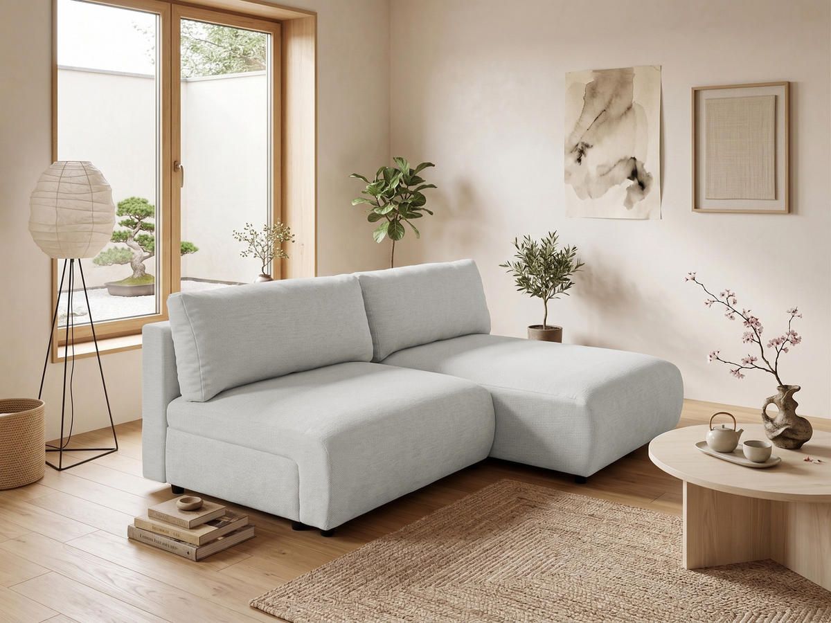 ECKSOFA Sora mit Schlaffunktion, Bettkasten und extra tiefer Komfortzone aus hochwertigem Hellgrau Strukturstoff - Hellgrau/Schwarz, Holz/Kunststoff (200/140cm) - S-Style
