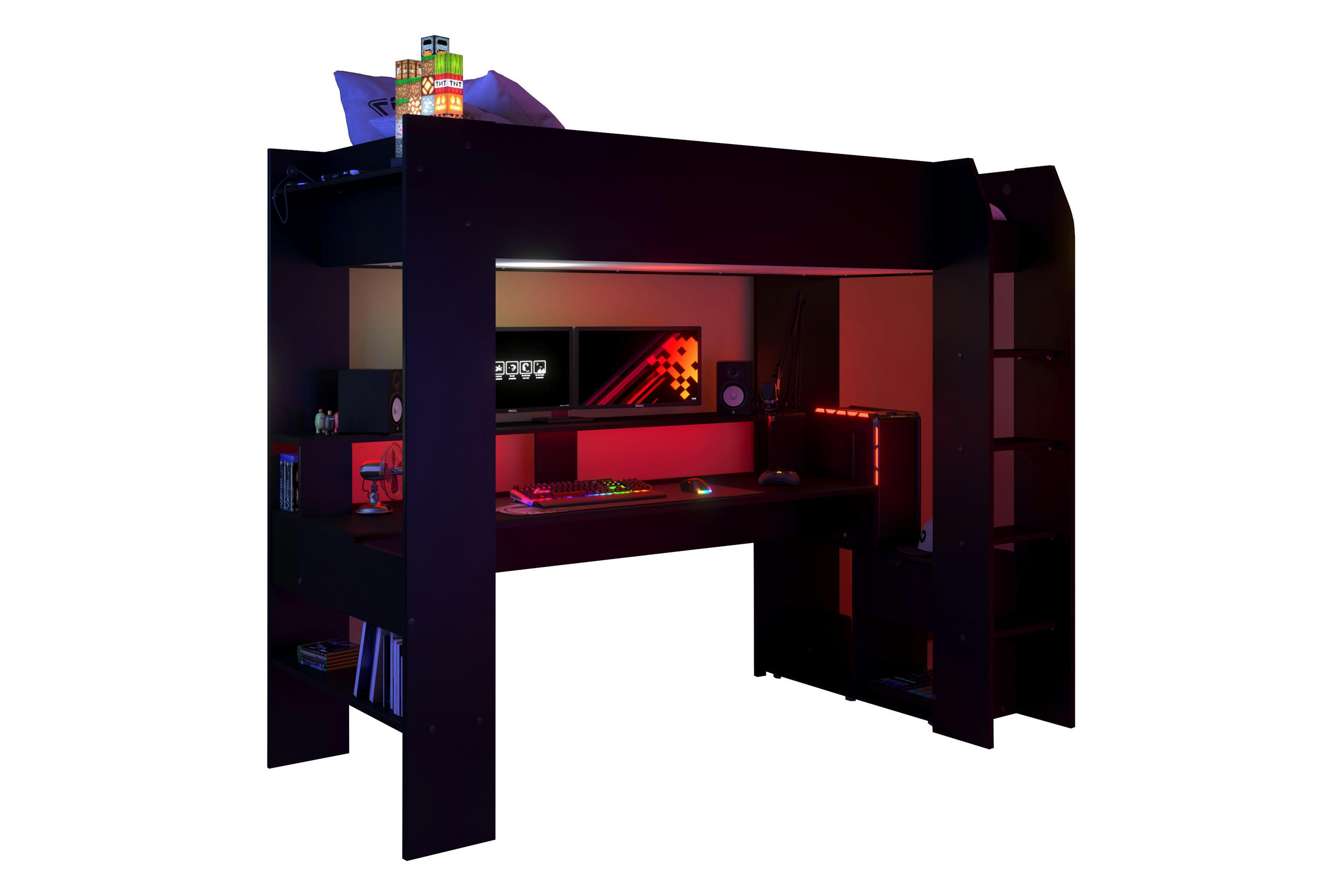 HOCHBETT Online 1 Gaming in Schwarz inklusive LED-Beleuchtung 90 x 200 cm - Schwarz, Holzwerkstoff (90/200cm) - Parisot Meuble