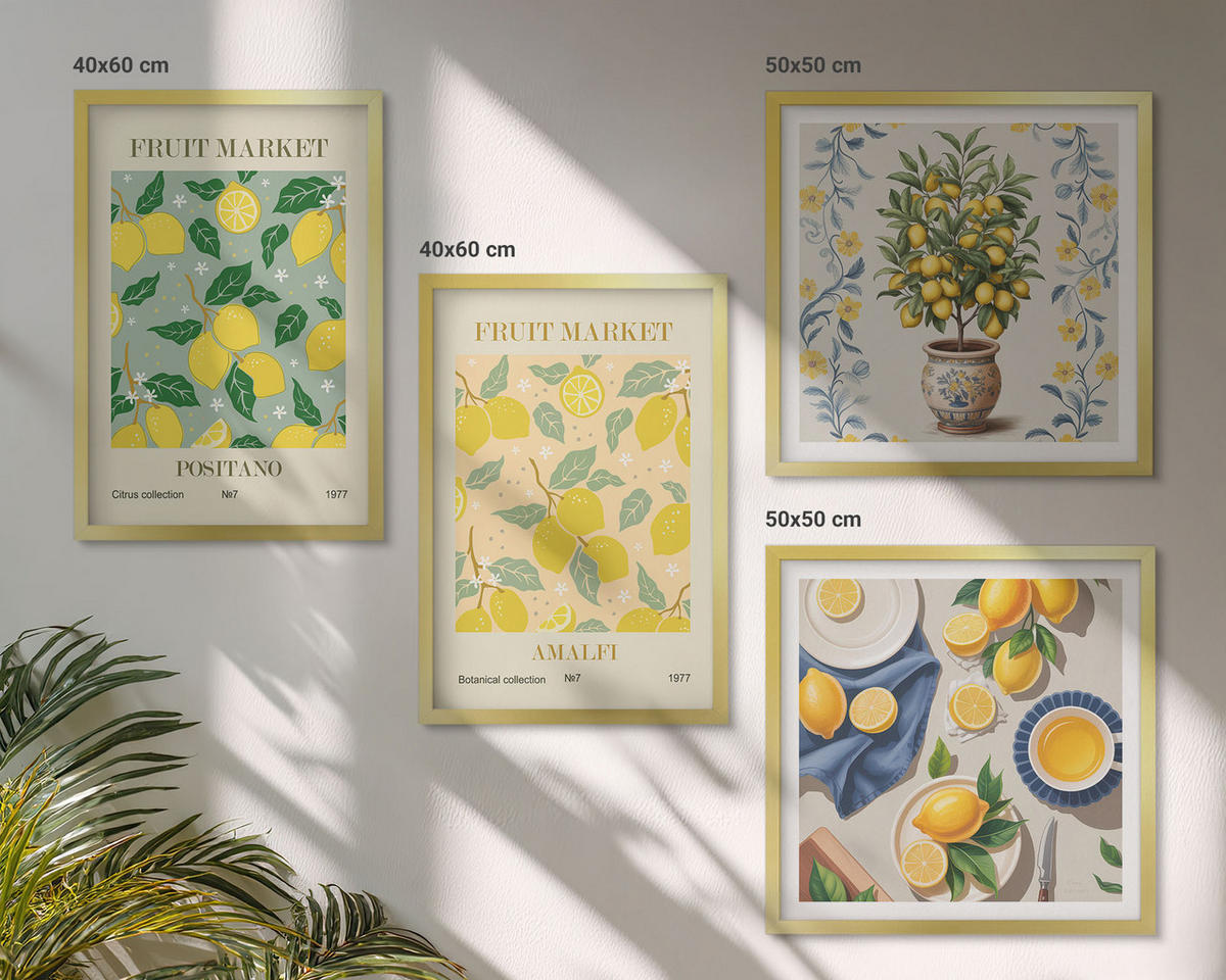 WANDBILDER 4er Set - 50x50 cm & 40x60 cm Goldrahmen - Zitrusfrüchte aus Italien - Goldfarben, Kunststoff (50/50cm) - ArtPrintCave