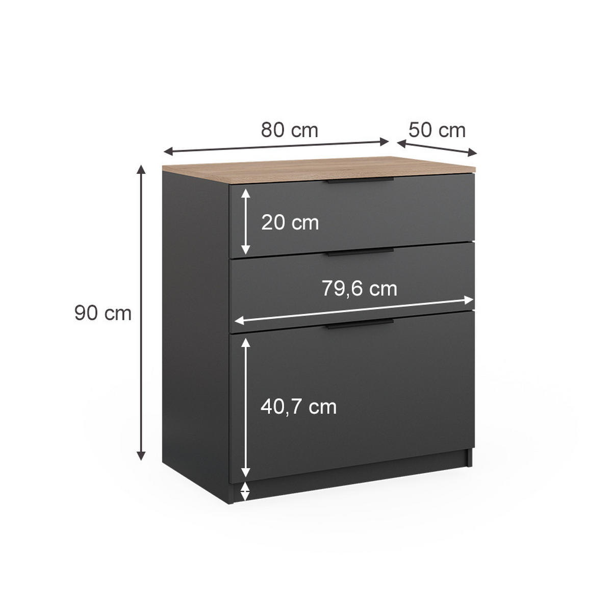 KOMMODE Betti Anthrazit 80 x 90 cm - Anthrazit/Sonoma Eiche, Holzwerkstoff (50/90/80cm) - Vicco