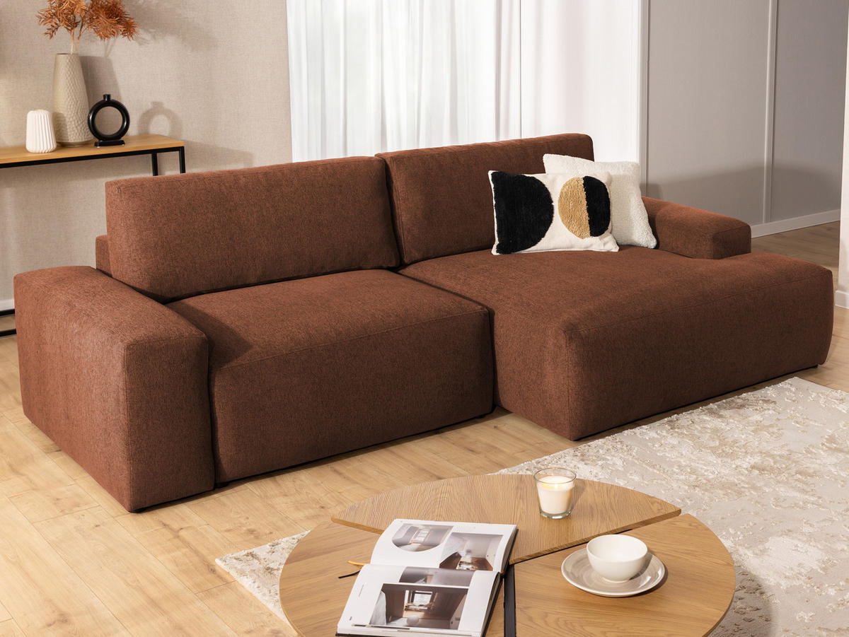 ECKSOFA Lennon aus Braun Strukturstoff mit Schlaffunktion und Bettkasten - Schwarz/Braun, Holz/Kunststoff (264/137cm) - S-Style