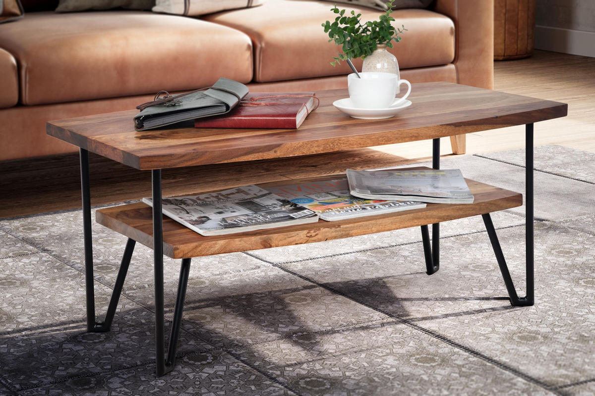 COUCHTISCH Sheesham Massivholz Metall Industrial-Style 90x50x40 cm - Schwarz/Braun, Holz/Metall (50/90/40cm) - KADIMA DESIGN
