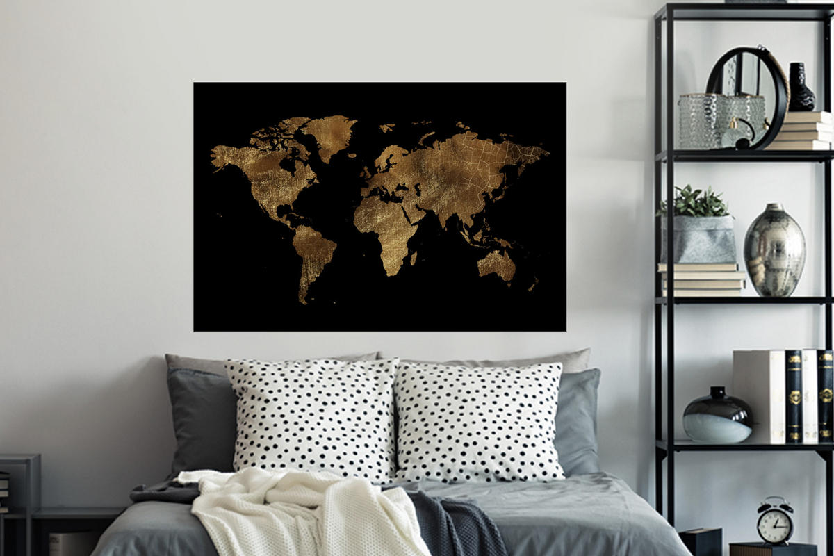 WANDTATTOO Weltkarte - Gold - Luxus - Erde - Schwarz 120x80 cm - Goldfarben, Kunststoff (120/80/0.1cm) - MuchoWow