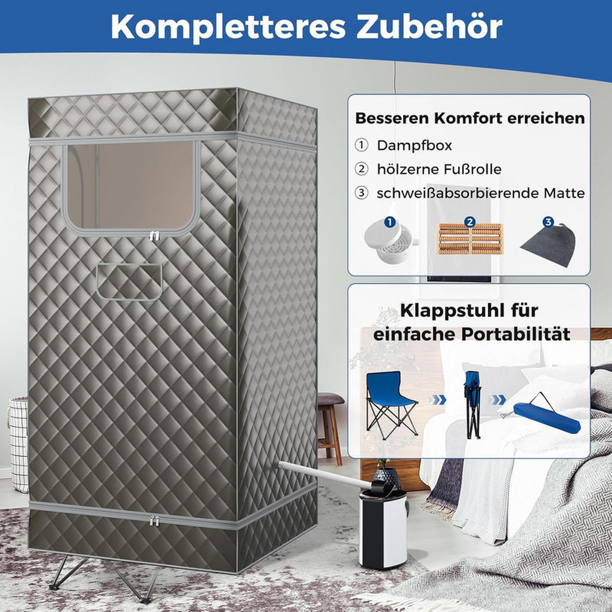 DAMPFSAUNA Tragbare grau - Grau, Textil (91/183/91cm) - COSTWAY