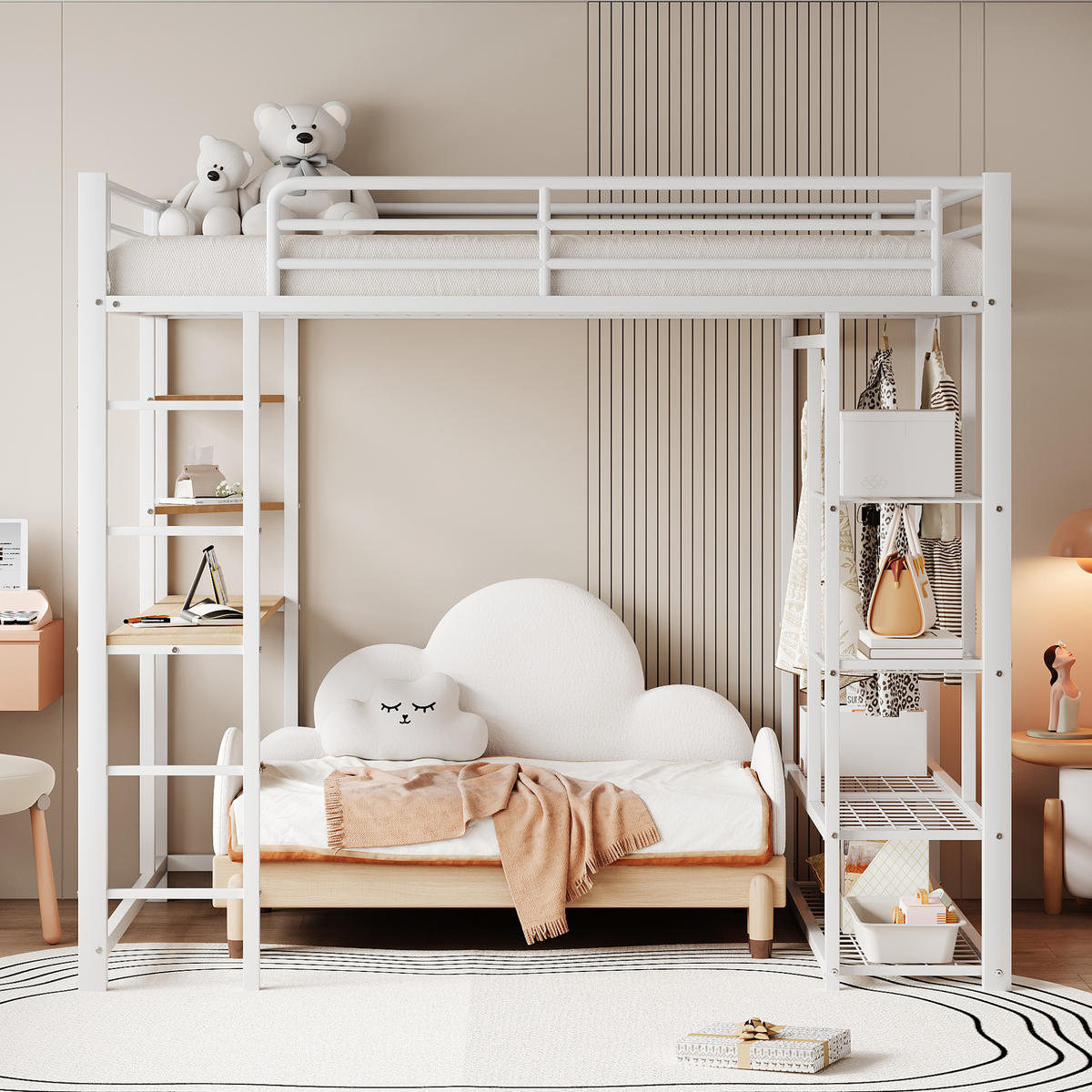 HOCHBETT 140/200 cm weiß aus Metall mit Schreibtisch und Kleiderstange - Weiß, Metall (140/200cm) - OKWISH