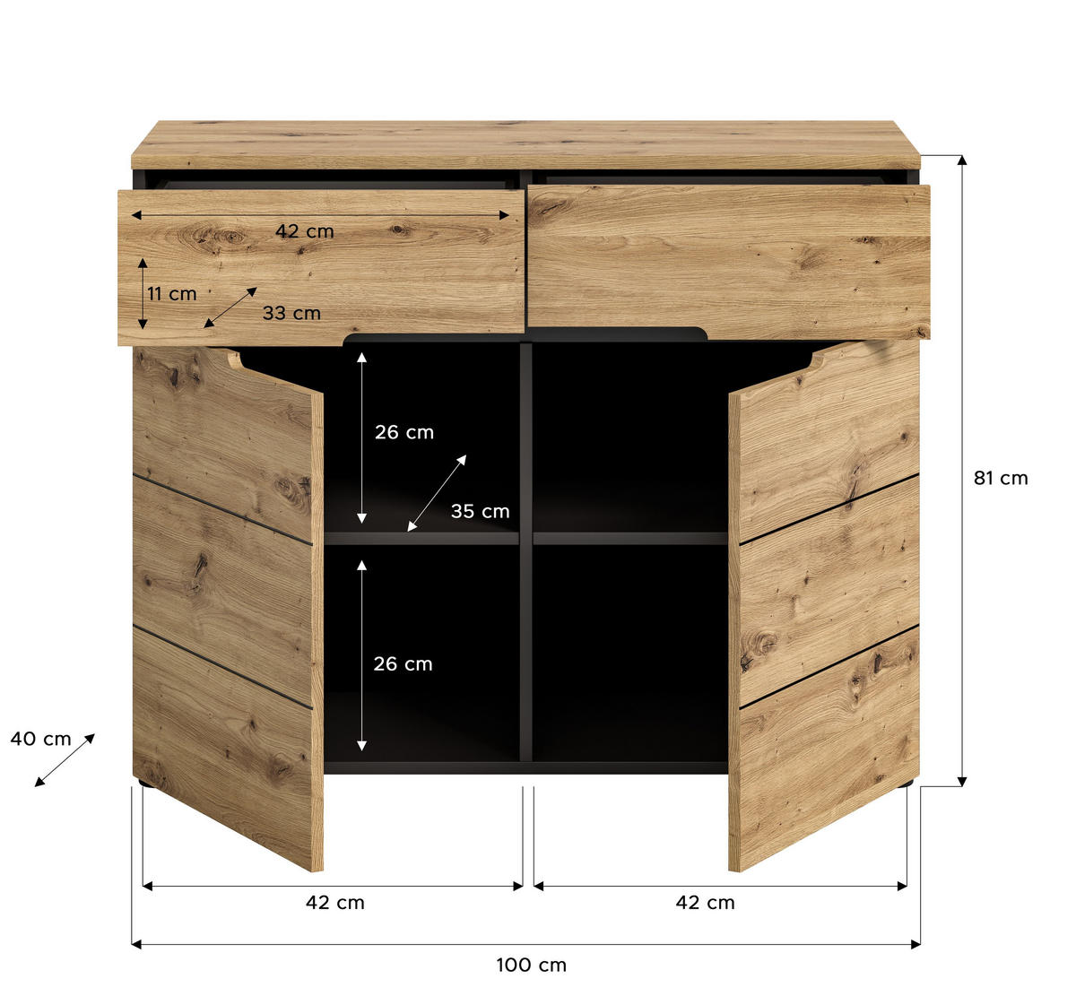 KOMMODE Nova in Basalt grau Nachbildung und Artisan Nachbildung B/H/T: 100x81x40 cm - Grau, Holzwerkstoff (100/81/40cm) - Homes & Jones