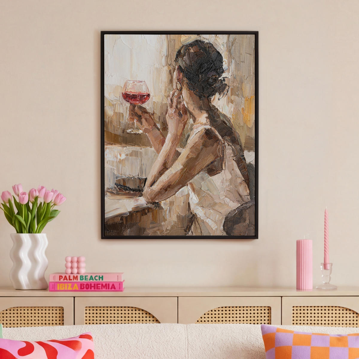 LEINWAND Bilder mit Rahmen - Ölgemälde - Frau - Wein - 70x100 - Hellbraun, Textil (70/100cm) - MuchoWow