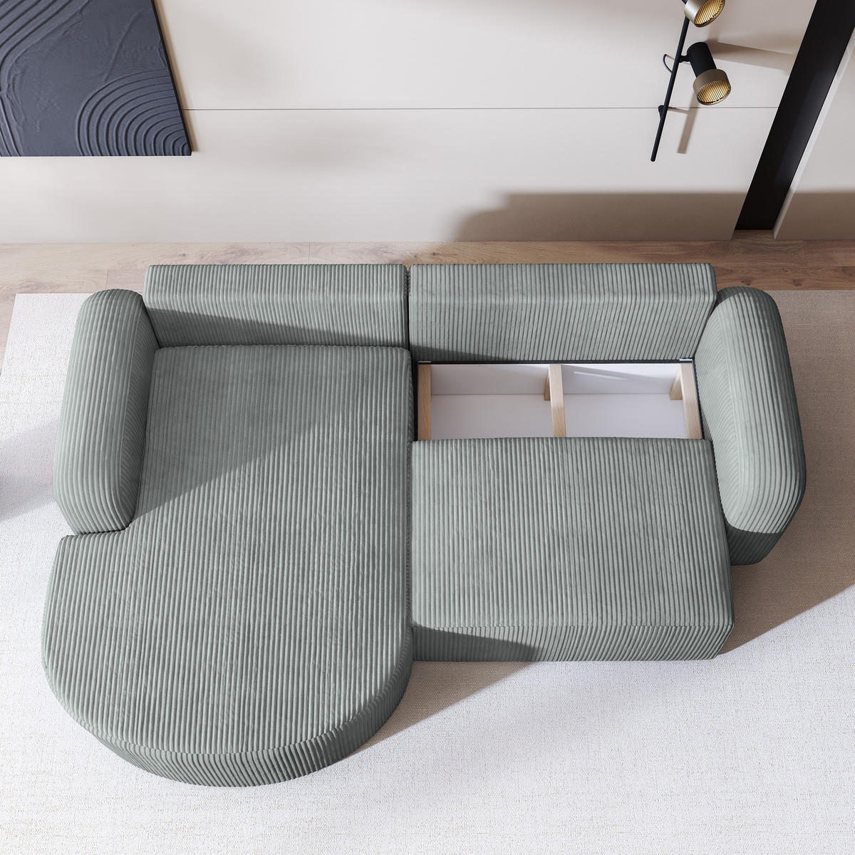 ECKSOFA AMILIA P L-S Creme Kordstoff mit Schlaffunktion - Creme, Holz (263/174cm) - MASSENO