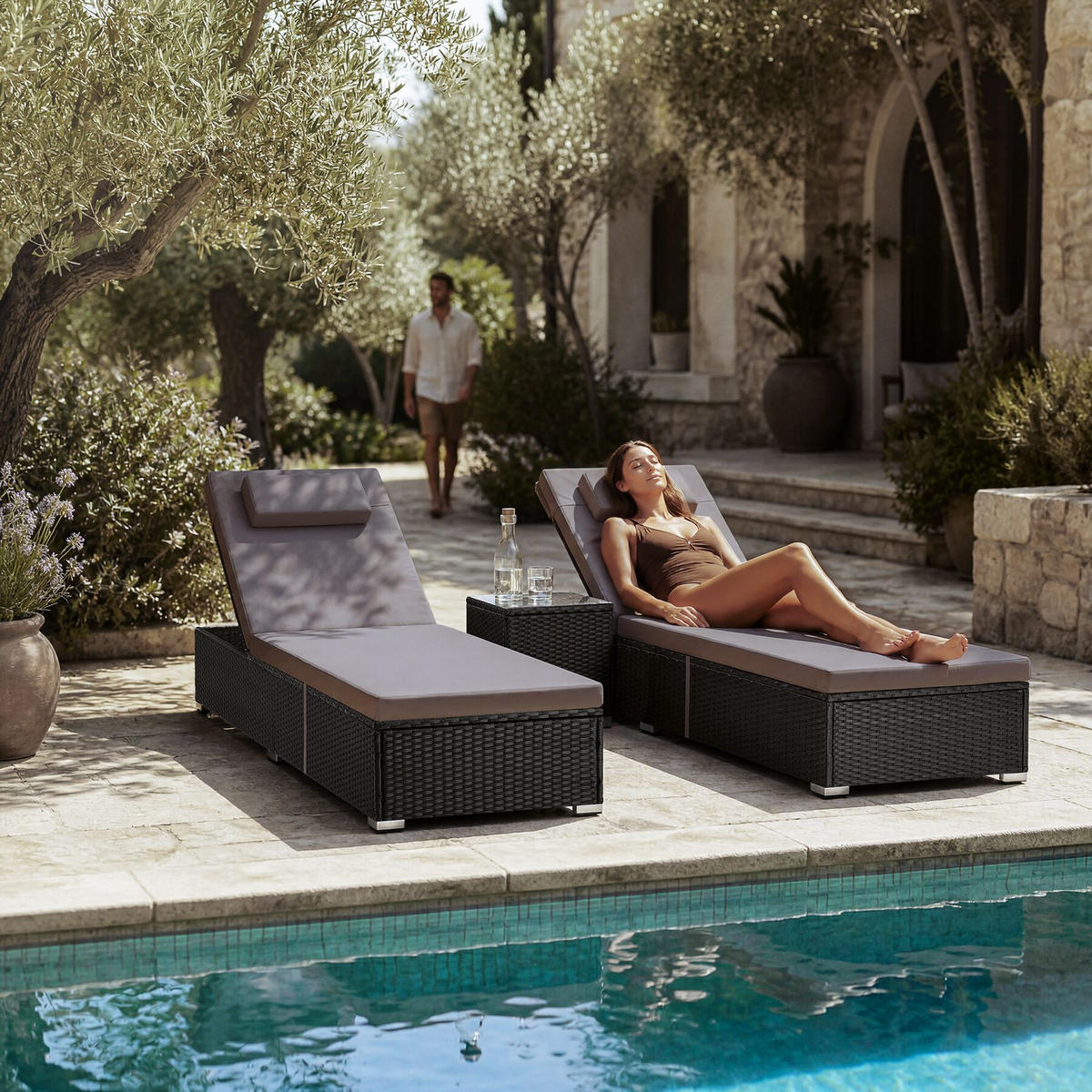 RATTAN-DOPPELLIEGE Carbonera, Belastbarkeit je 200 kg, schwarz - Schwarz, Kunststoff (62/36/196cm) - tectake