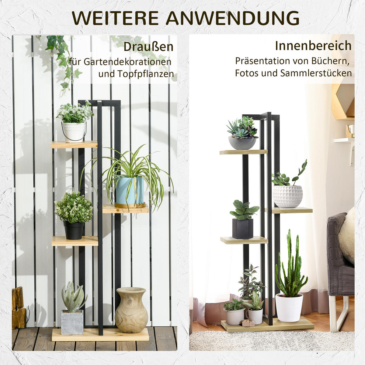 PFLANZENSTÄNDER DE-05315 4 Ebenen, Industrie-Design Schwarz/Natur - Schwarz/Naturfarben, Holz (45/25/110cm) - ComfortXL