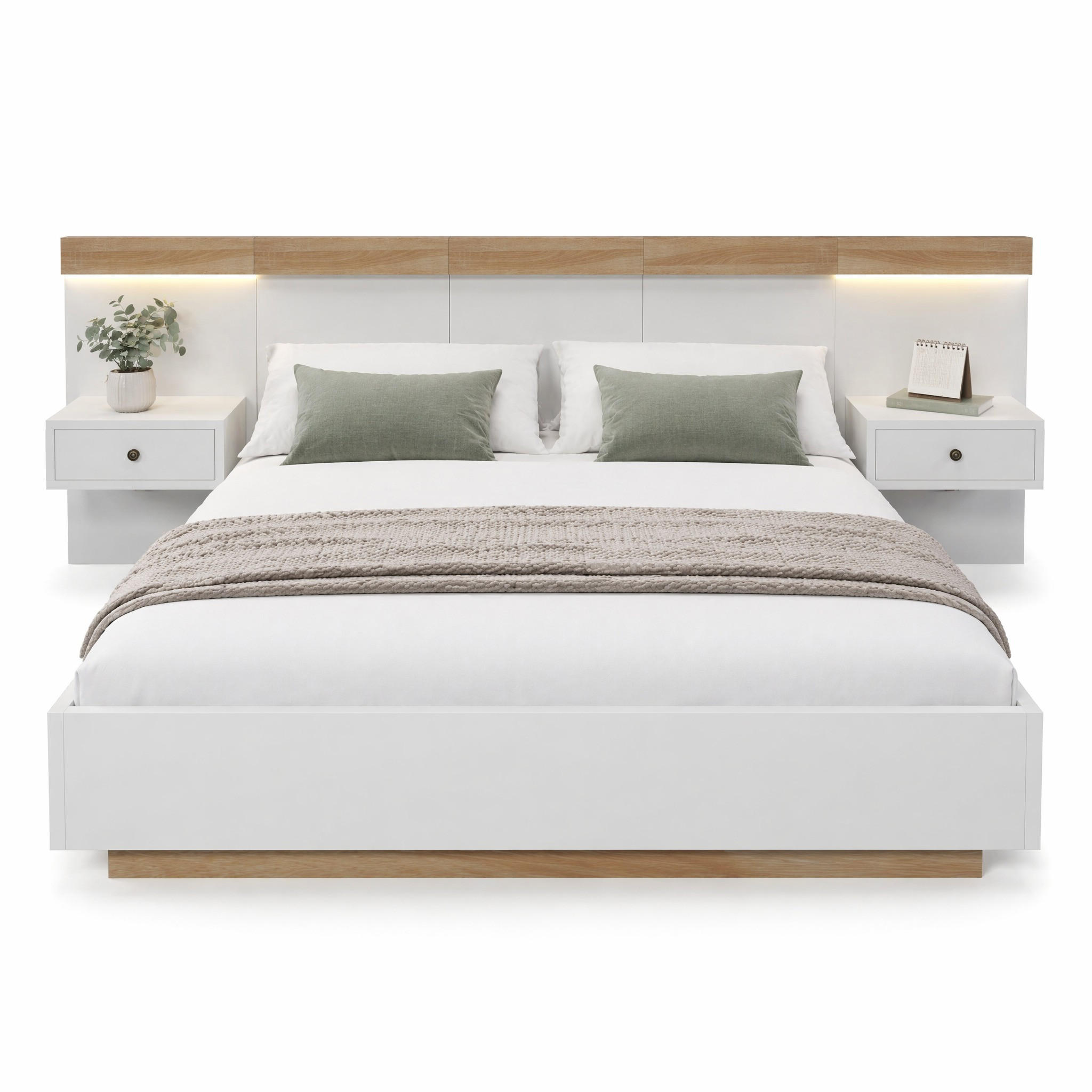 BETTANLAGE 140/200 cm in Weiß & Sonoma-Eiche mit 2 Nachttischen, LED, USB und Type-C Holz-Doppelbett in Schwebeoptik - Eichefarben/Weiß, Holzwerkstoff (140/200cm) - STILVORA