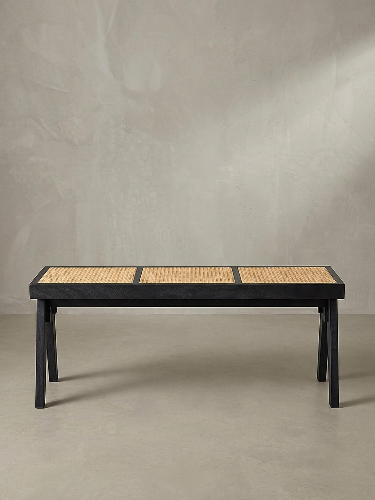 SITZBANK SILVES, Rattan, Schwarz-Natur, 120 x 38 x 48 cm - Beige/Schwarz, Akazienholz/Naturmaterialien (120/48/38cm) - KADIMA DESIGN