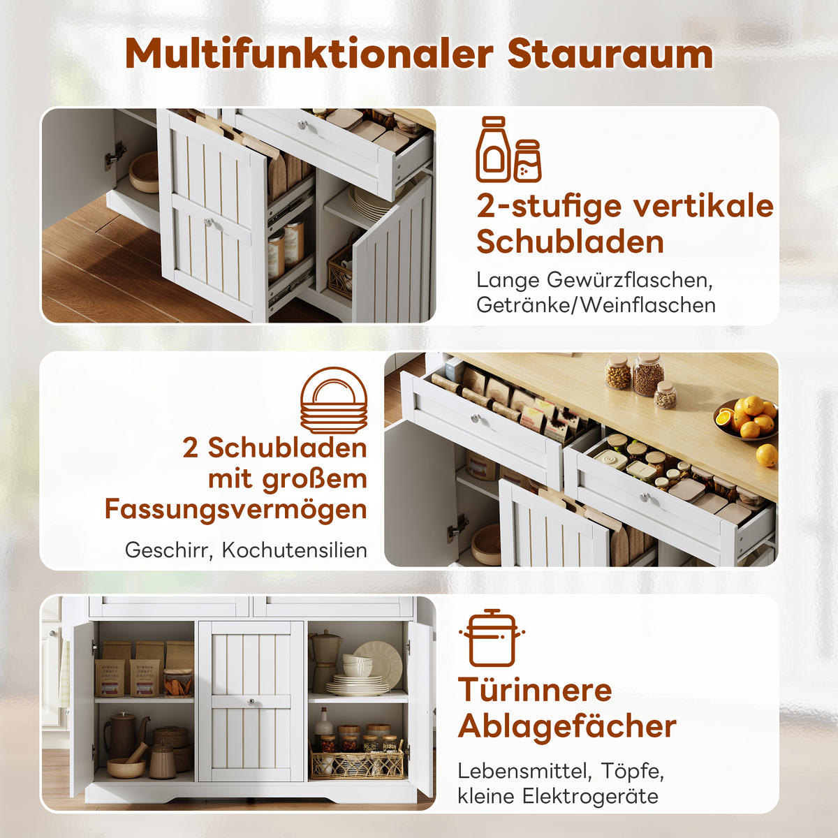 KÜCHENINSEL 120x45/70x92 cm klappbar mit 4 Schubladen - Weiß, Holzwerkstoff (120/92/70cm)