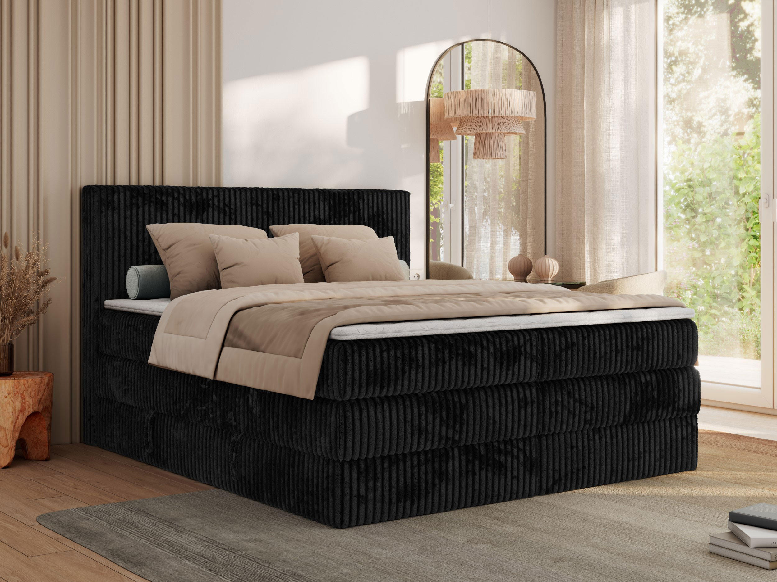 BOXSPRINGBETT TILIANO KING - 140/200 - Schwarz Cord - H3 - Schwarz, Holz/Textil (140/200cm) - MKS