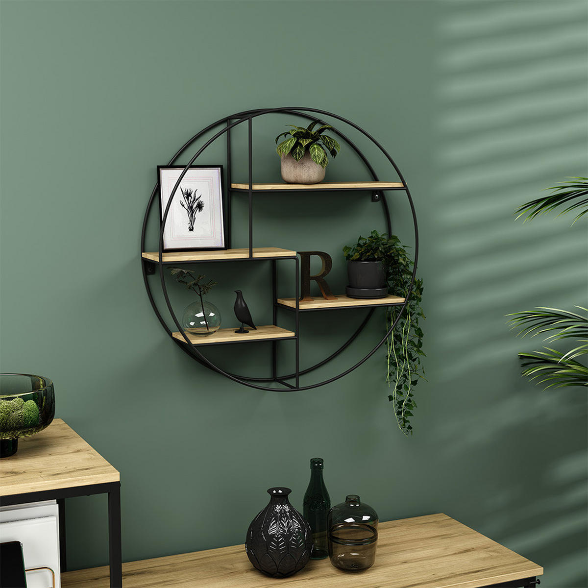 WANDREGAL Fyrk Eiche 55 x 55 cm Rund - Eichefarben/Schwarz, Holzwerkstoff (55/55/11cm) - Vicco