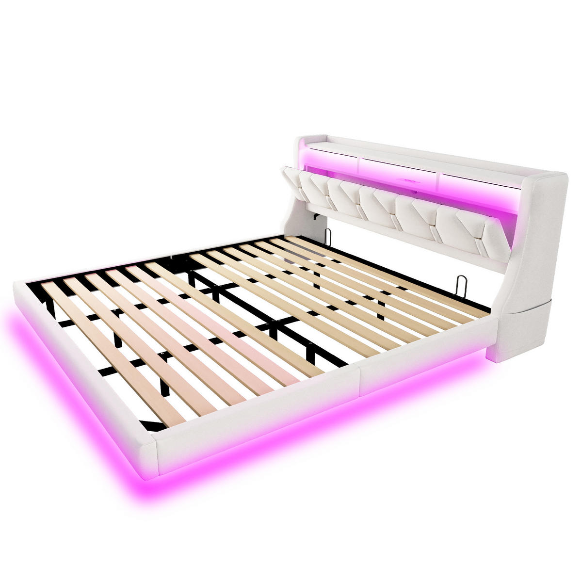ČALOUNĚNÁ postel 180/200 cm béžová z sametu s LED osvětlením, USB a úložným čelem - béžová, textil (180/200cm) - OKWISH
