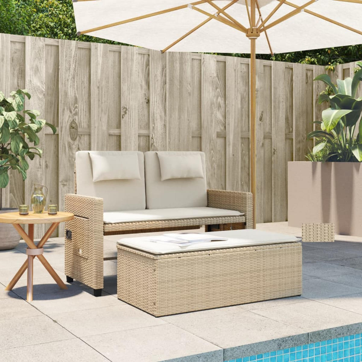 GARTENBANK Verstellbar mit Kissen Beige Poly Rattan - Beige, Kunststoff (122/83/58cm) - furnicato