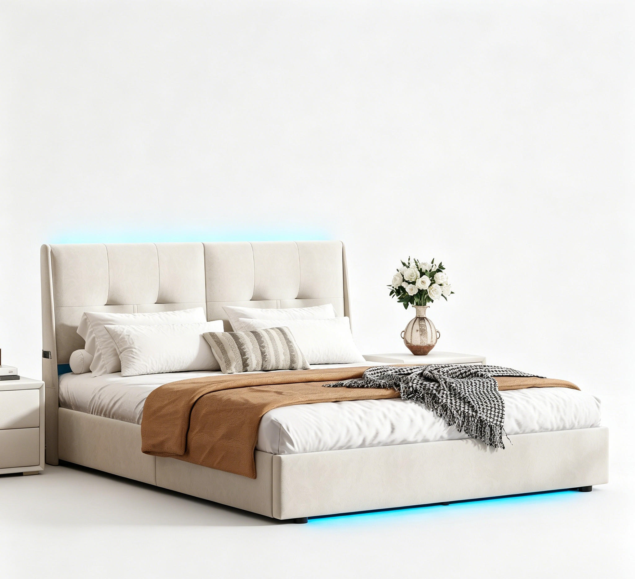 POLSTERBETT 140/200 cm LED Samt Beige Doppelbett Bettgestell gepolstert - Beige, Holz (140/200cm) - PARAFTA HOME