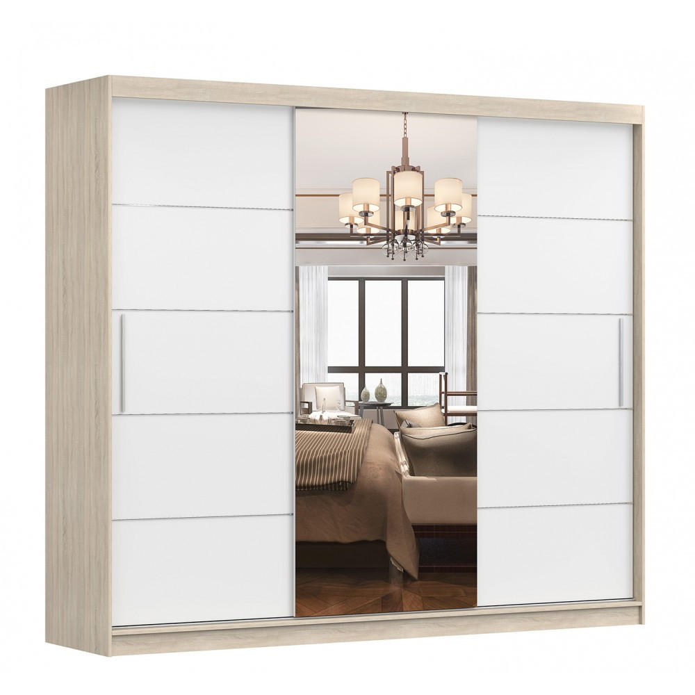 SCHWEBETÜRENSCHRANK Alba Sonoma Eiche/Weiß + Spiegel, ohne LED Beleuchtung 250 cm - Alufarben/Weiß, Glas/Holzwerkstoff (250/218/61cm) - imoebel24