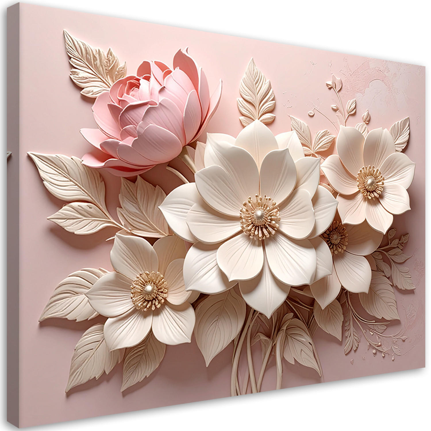 WANDBILD, Rosa und weiße Blüten im Relief - Rosa, Textil (60/40cm) - Feeby