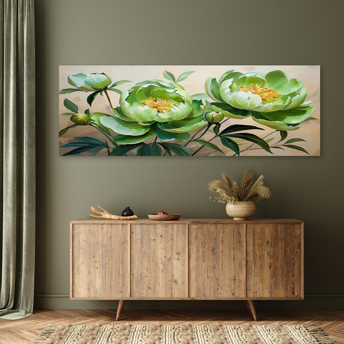 WANDBILD zusammensetzung der grünen pfingstrosenblumen - Grün, Textil (90/30cm) - Feeby