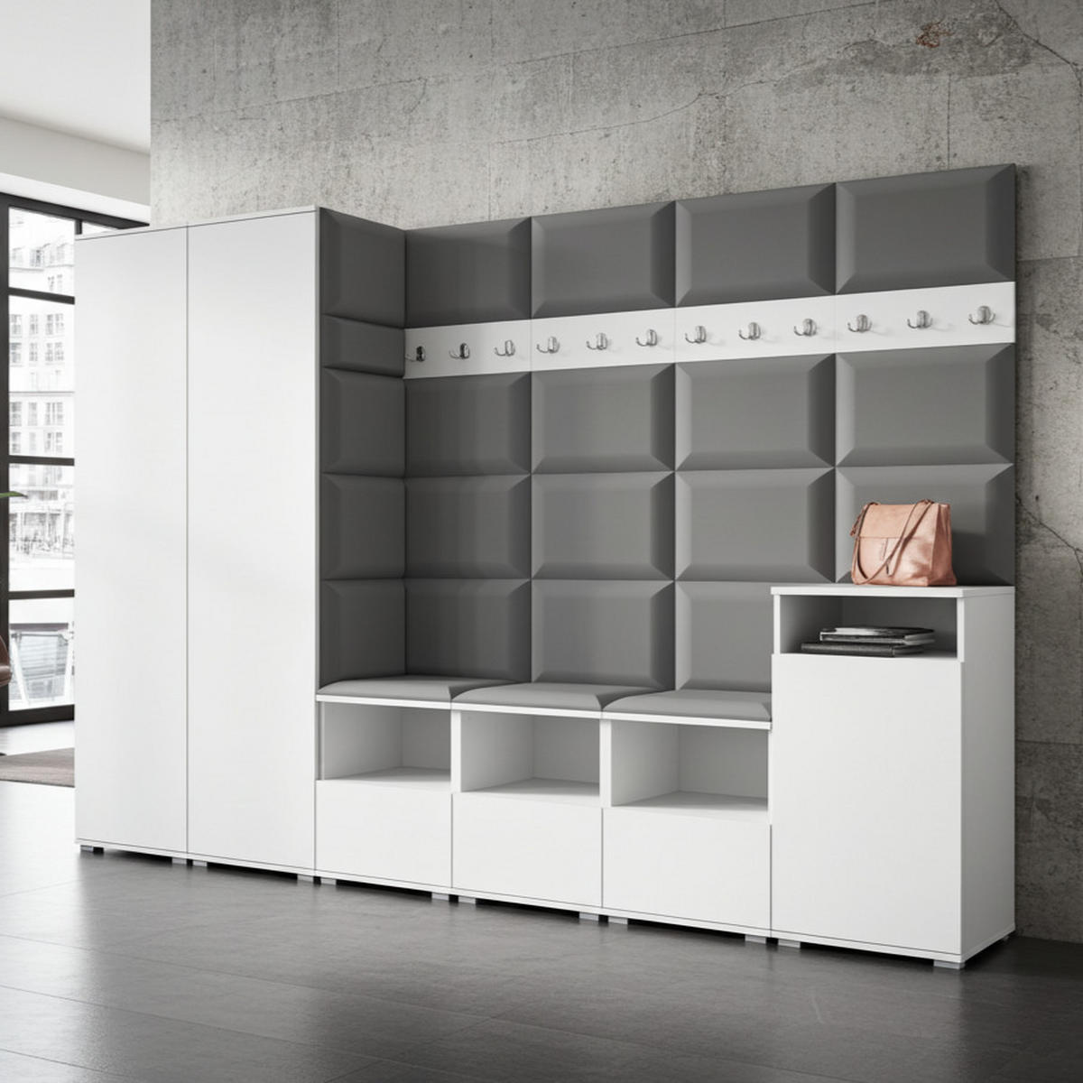 GARDEROBE NELA XII 300 cm (Modulare Flurmöbel Weiß mit Sitzpolster Dunkelgrau 15 Gigantisches Set) - Dunkelgrau/Silberfarben, Holz/Holzwerkstoff (300/187/40cm) - Ravio
