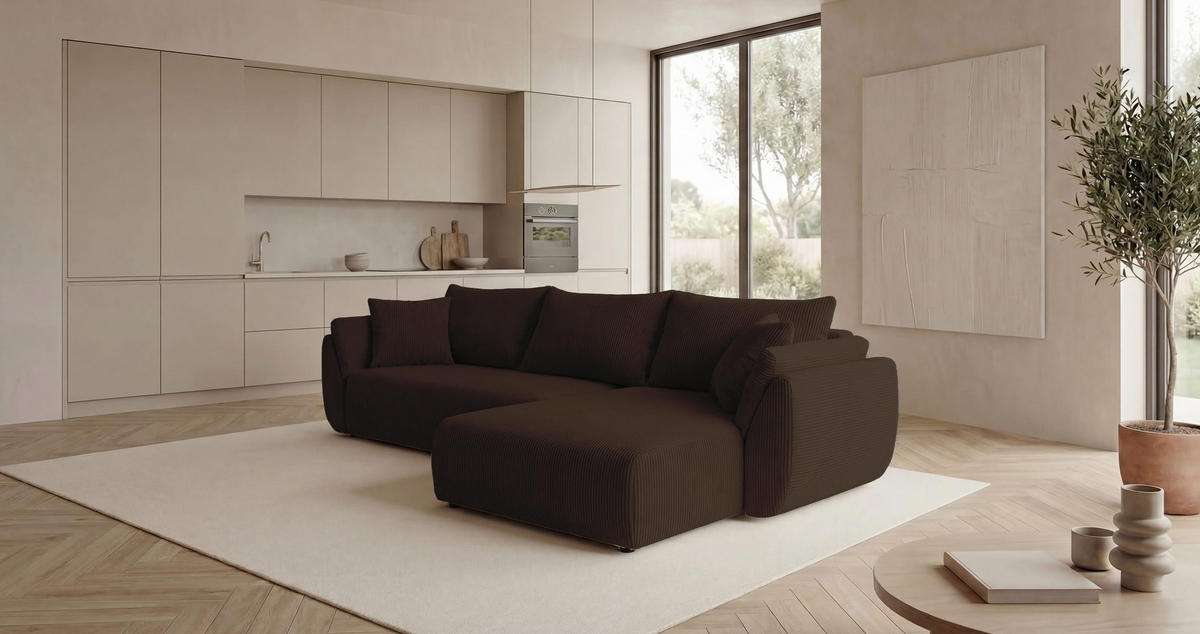 ECKSOFA SYDNEY rechts braun Cord Poso 6 - Schlaffunktion, Bettkasten - Braun, Textil (280/175cm) - Cornero