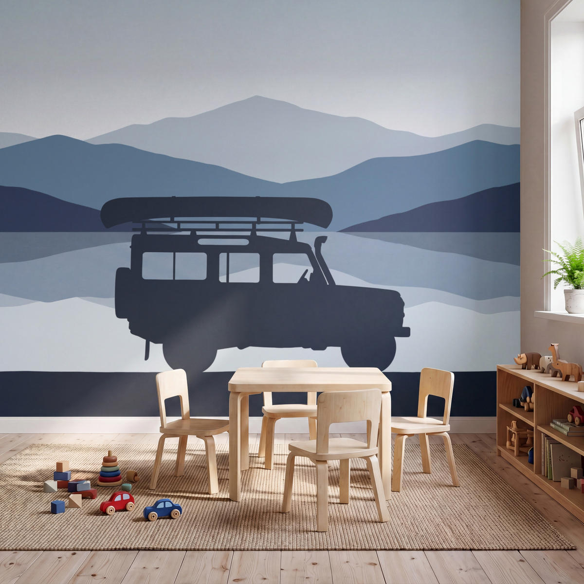 KINDERTAPETE - Auto - See - Berge - Blau - 350x300 cm - Blaugrau, Papier (350/300cm) - OnlyWow