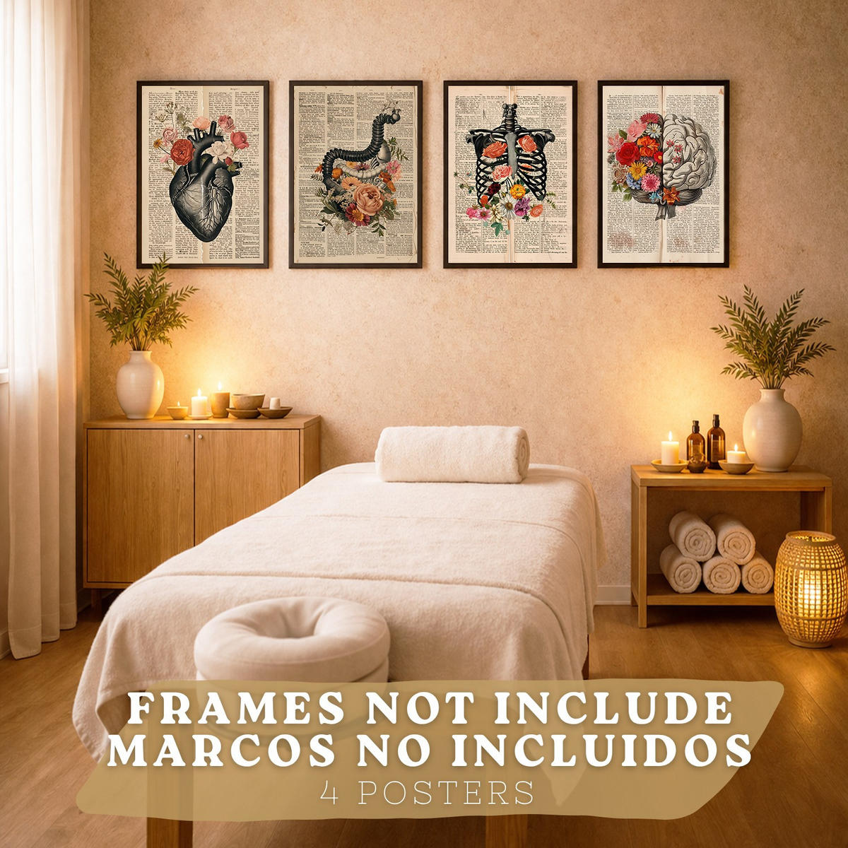 POSTER Set aus 4 Anatomie Drucke und Wandbilder mit Herz Gehirn Skelett und Darm Antiker Hintergrund Medizinische Wanddekoration Größe Rahmenlos A3 - Klar, Papier (29.7/42/3cm) - Nacnic
