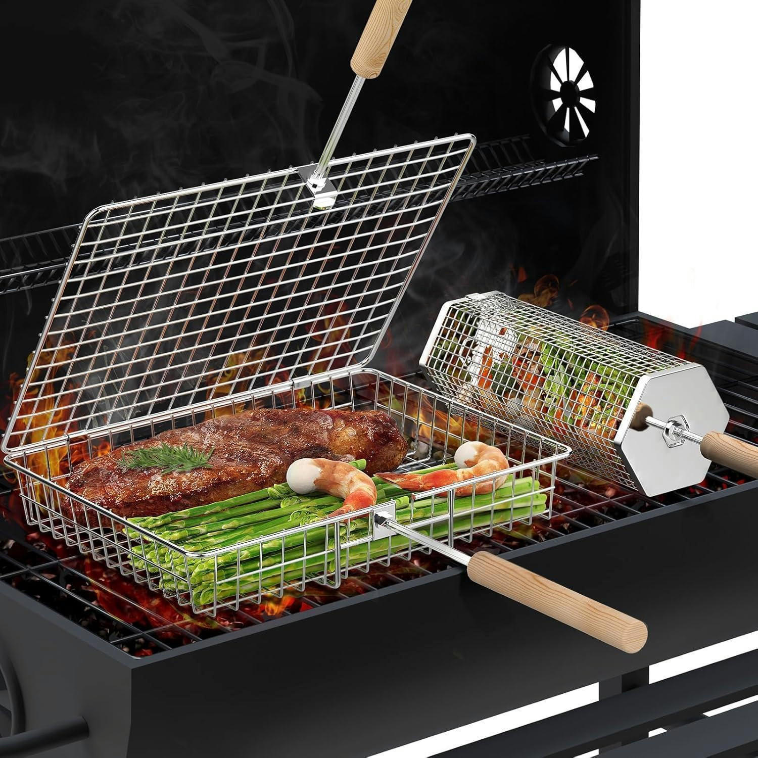 GRILLKORB Set 2-teilig Edelstahl mit Holzgriff - Silberfarben, Metall (24/15/31cm)