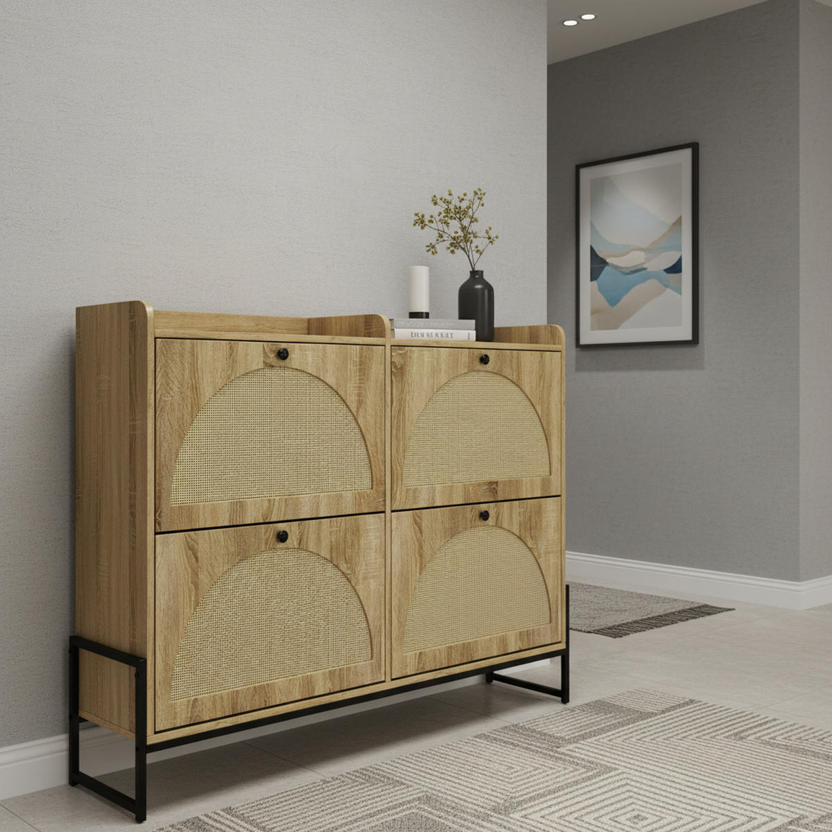 SCHMALER Schuhschrank mit 4 Klapptüren, Holz, Beige - Naturfarben, Textil (118/91.5/25cm) - Urban Meuble