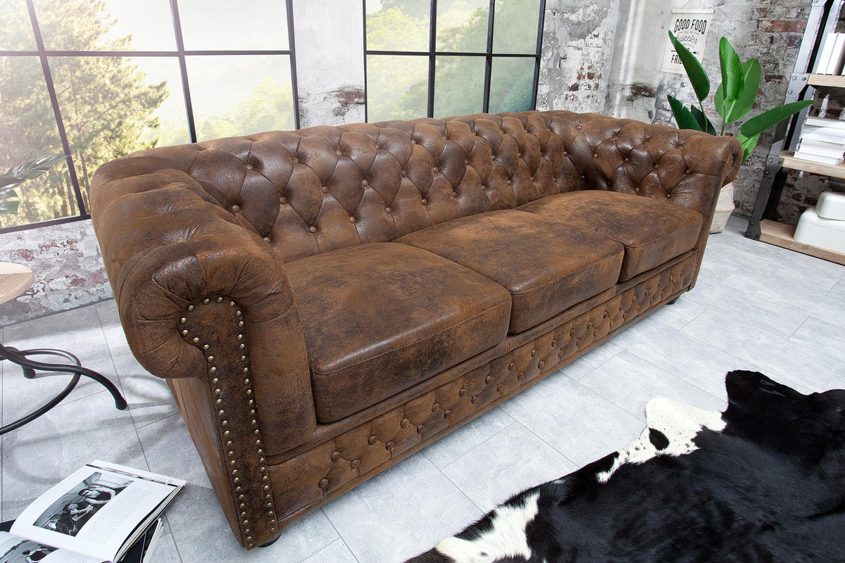 3-SITZER SOFA CHESTERFIELD Microfaser Braun 205 cm - Braun, Holz/Textil (205/73/85cm) - riess-ambiente