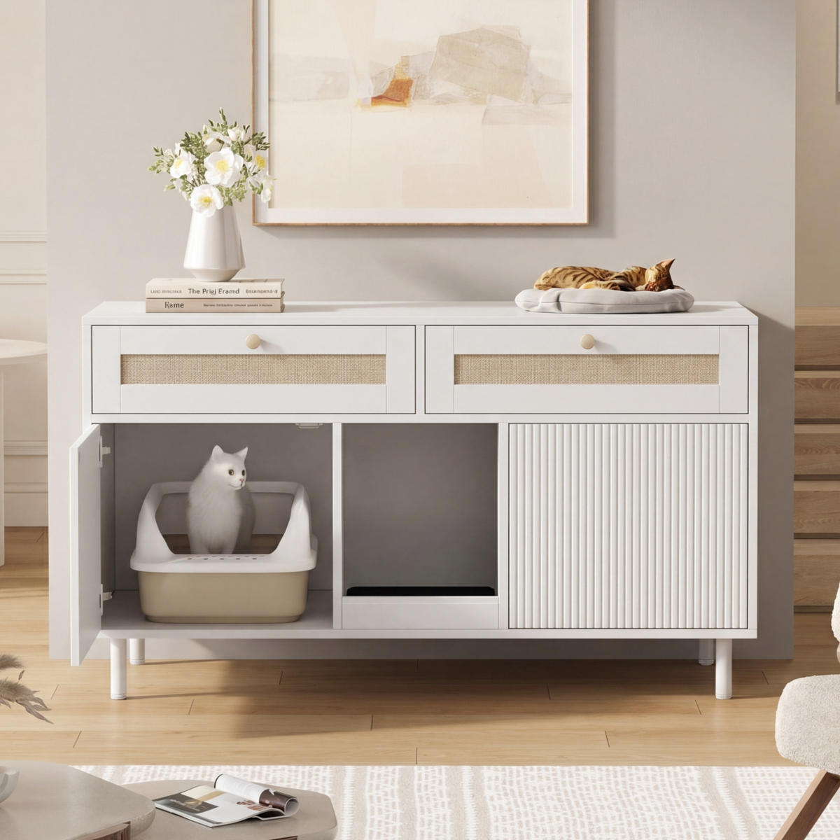 SIDEBOARD Weiß aus MDF 120×50×65cm als Katzentoilettenschrank mit Sandfangmatte und Schublade - Weiß, Holzwerkstoff (50/65/120cm) - Luhomfu