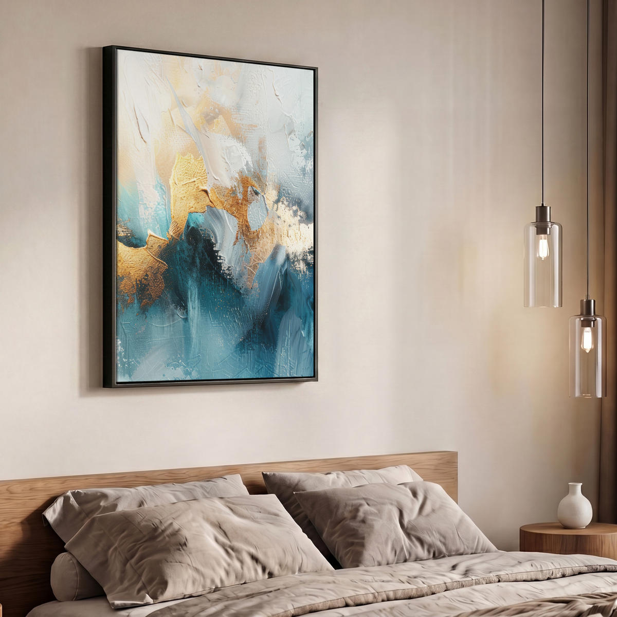LEINWAND Bilder mit Rahmen - Abstrakt - Kunst - Gold - Blau - 70x100 - Petrol, Textil (70/100cm) - MuchoWow