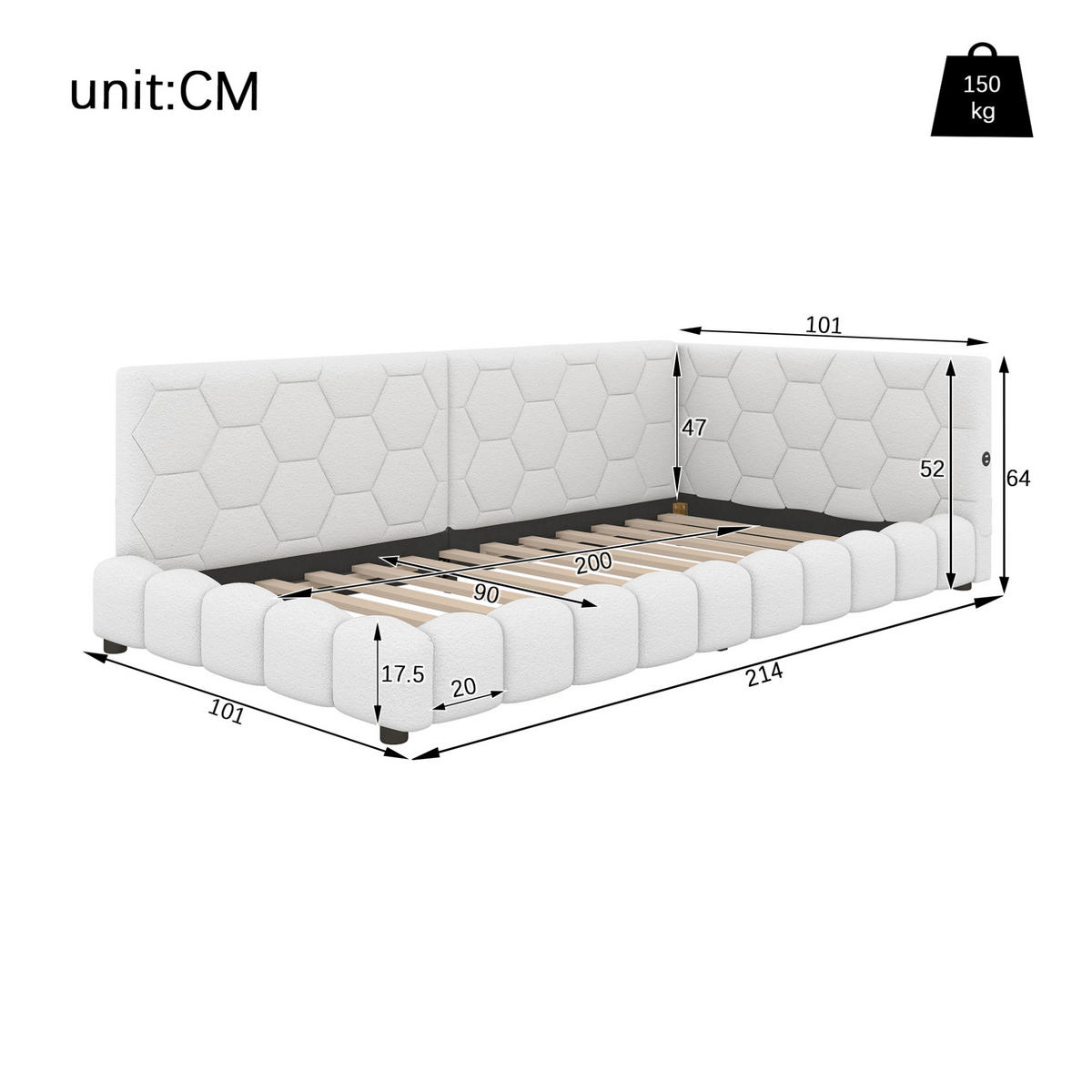 POLSTERBETT 90/200 cm Weiß mit LED-Beleuchtung und USB- und Type-C-Anschlüssen - Weiß, Textil (90/200cm) - Flora Grace