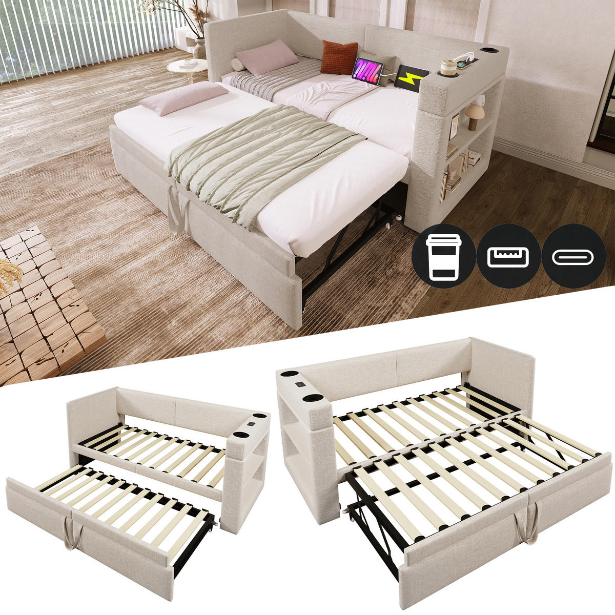 AUSZIEHBETT 90/200 cm DE-00698, in Beige, USB-C und Getränkehaltern - Beige, Metall (90/200cm) - ComfortXL