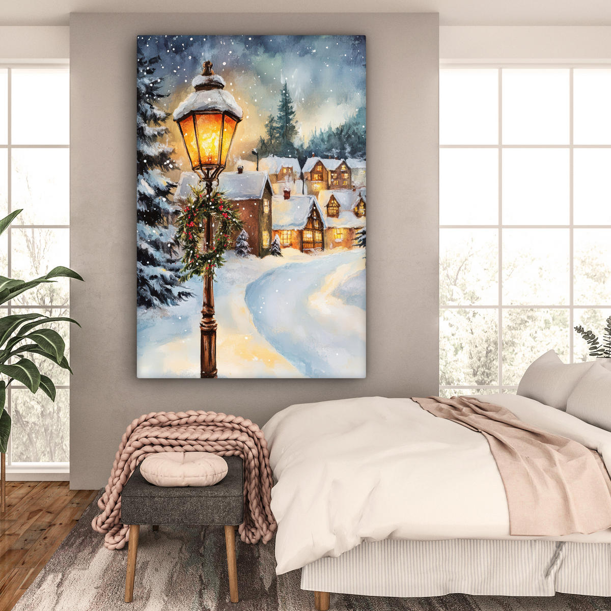 SLIKA NA PLATNU Božična vas 90x140 cm - peščene barve, tekstil (90/140cm) - MuchoWow