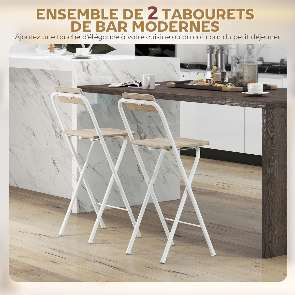 BARHOCKER 2er-Set DE-14766 klappbar mit Rückenlehne und Fußstütze Holzoptik - Naturfarben, Metall (37/87/45cm) - ComfortXL