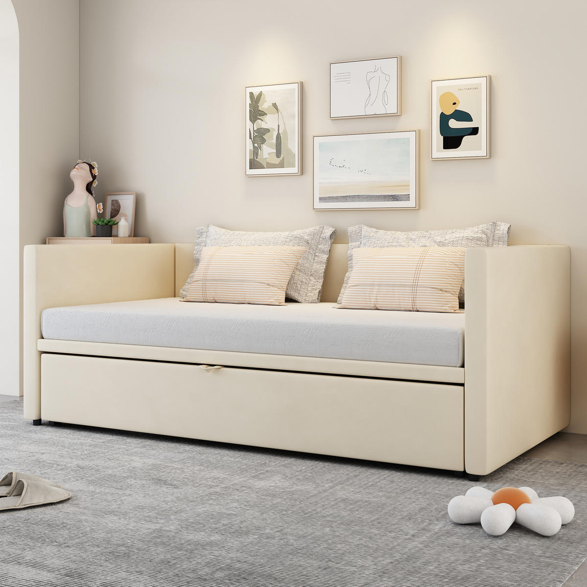 POLSTERBETT 90/180x200 Beige Samt Ausziehbar - Beige, Textil (180/200cm) - FLIEKS
