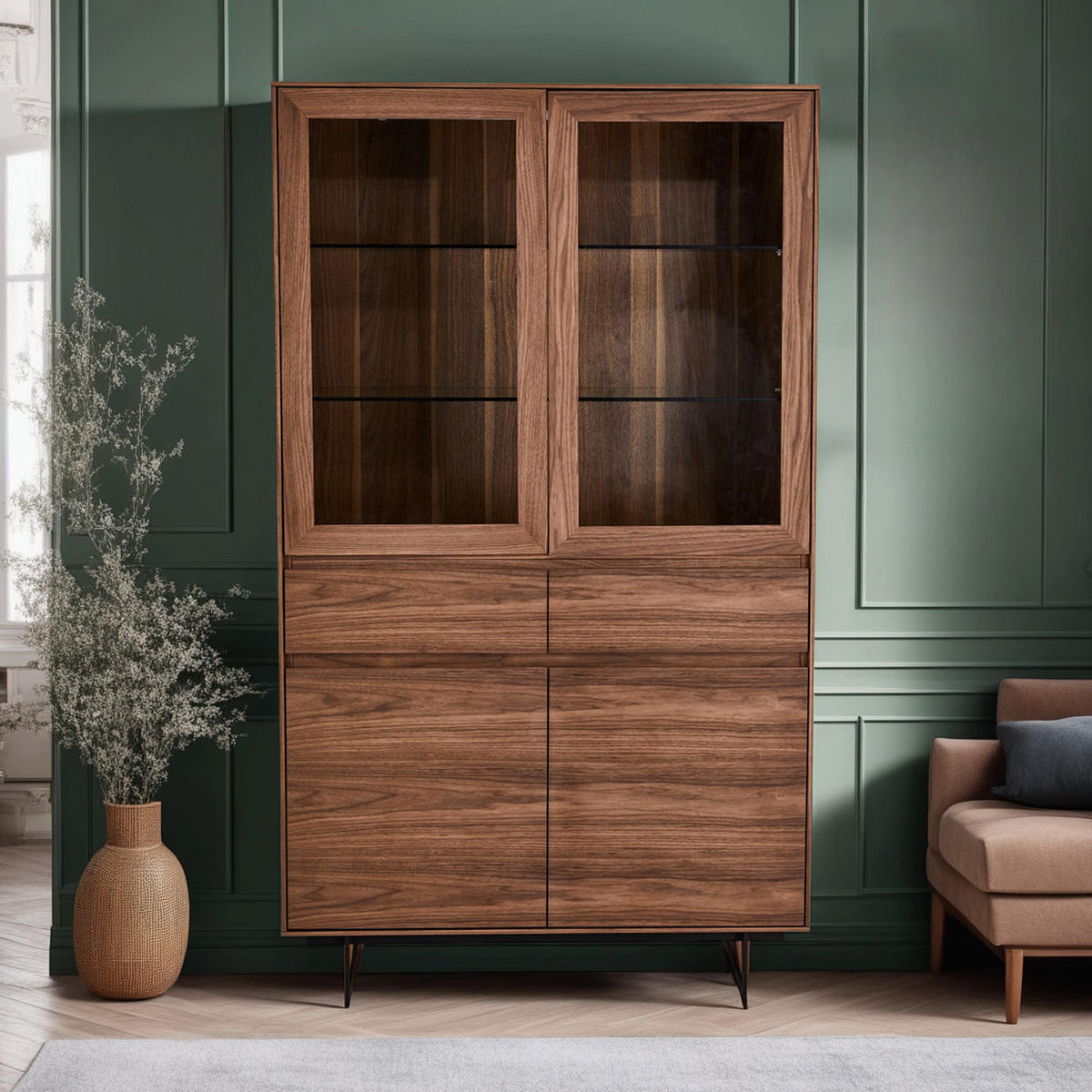 VITRINE Amerikanisches Walnussfurnier - Schwarz/Braun, Holz/Metall (110/190/45cm) - Furnhouse