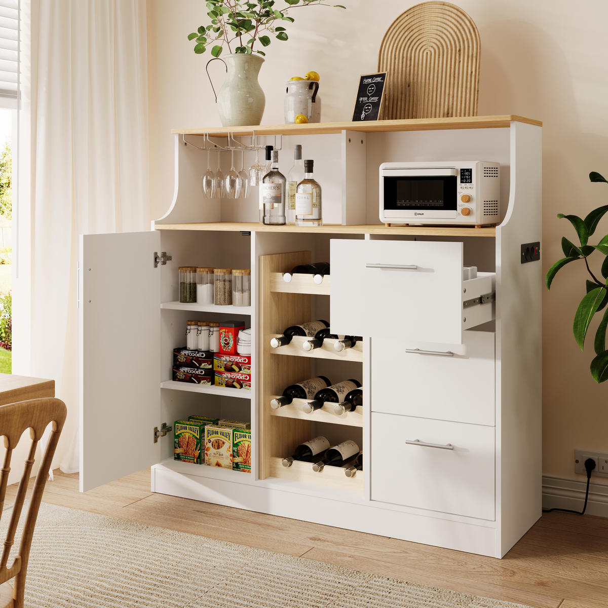 SIDEBOARD aus MDF 120x40x121 cm Weiß/Natur mit LED-Beleuchtung, Steckdose, Weinregal und Gläserhalter - Weiß, Holzwerkstoff (120/121/40cm) - Modfu