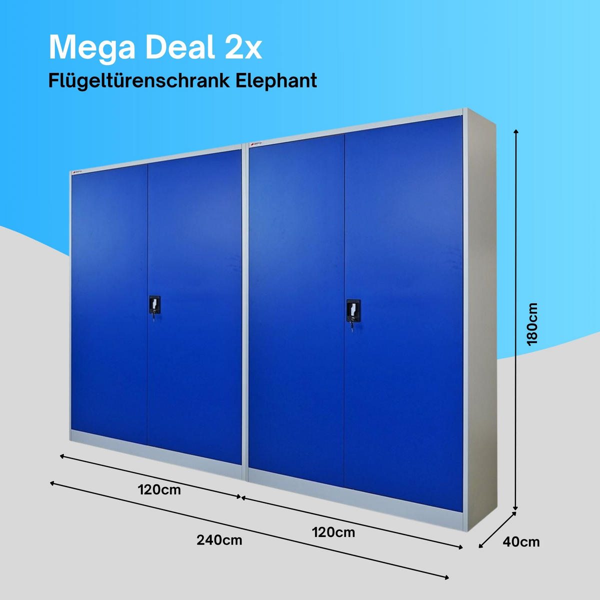 FLÜGELTÜRENSCHRANK Elephant 2er Set Stahl komplett montiert 180x120x40cm Blau/Lichtgrau - Blau/Schwarz, Metall (240/180/40cm) - PROREGAL
