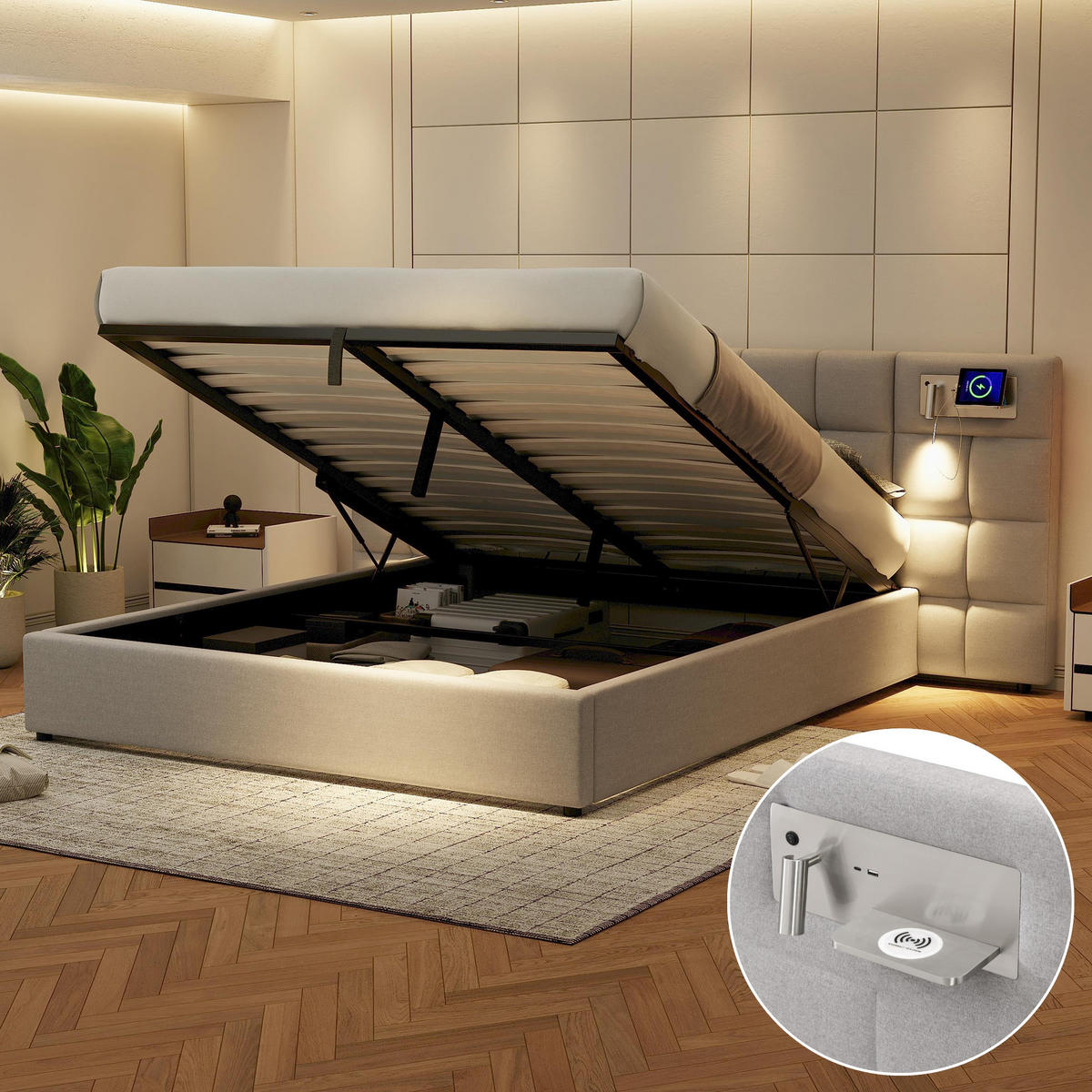 POLSTERBETT 180/200 cm Grau mit Stauraum und USB-Anschluss - Grau, Textil (180/200cm) - OKWISH