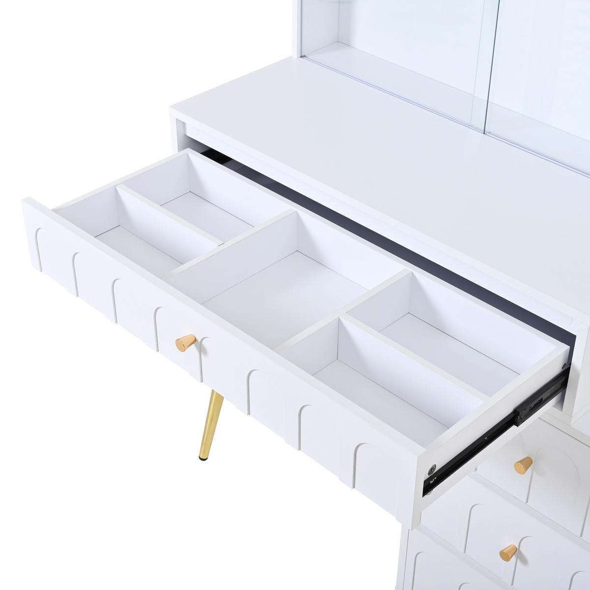 SCHMINKTISCH in Weiß Frisiertisch mit LED-Spiegel und 4 Schubladen für Schlafzimmer, B112/T40/H116cm - Transparent/Goldfarben, Holzwerkstoff/Metall (112/116/34.5cm) - STILVORA