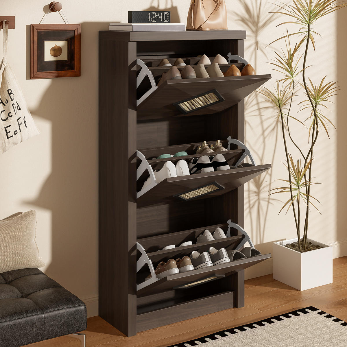 SCHUHSCHRANK 54x25x115 Rattan Dekor 3 Klappfächer Holzoptik - Naturfarben, Holzwerkstoff (25/115/54cm) - FLIEKS