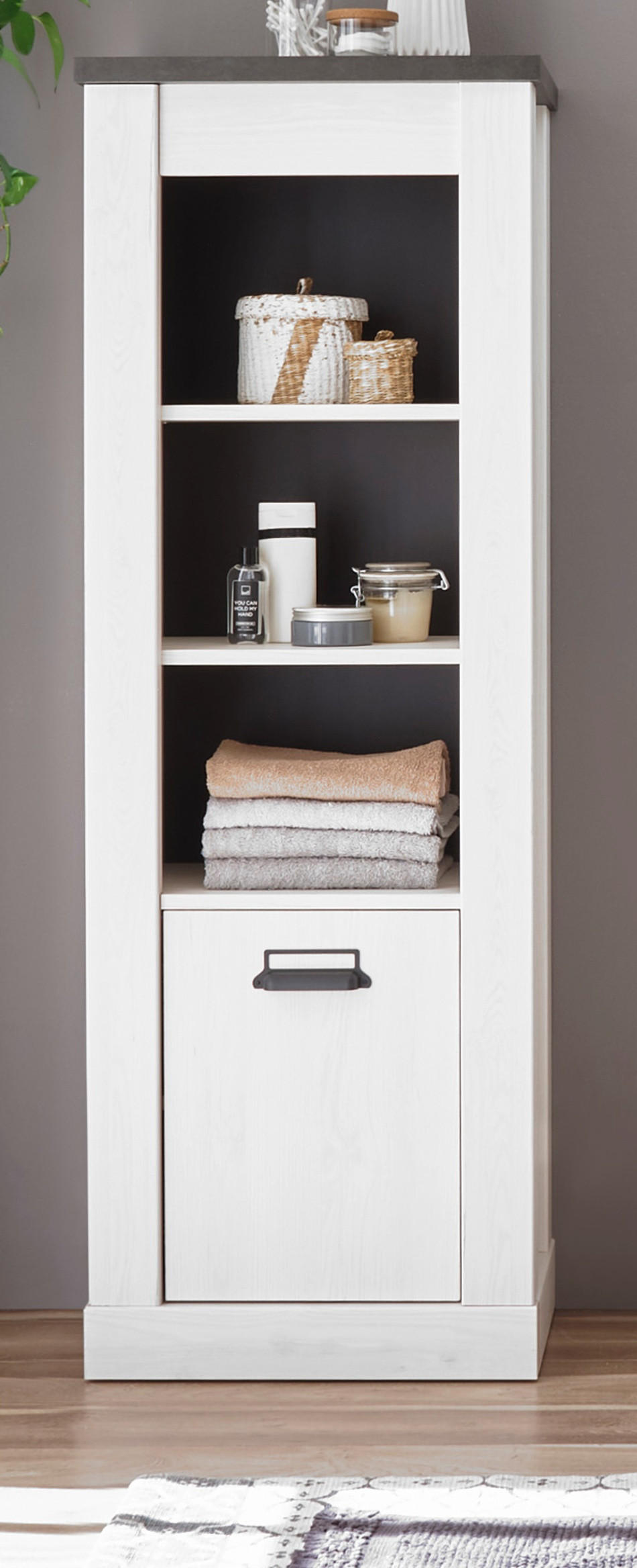 BADSCHRANK weiß Pinie, anthrazit Landhaus, Midischrank mit Soft-Close - Anthrazit/Weiß, Holzwerkstoff/Metall (51/146/38cm) - Furn.Design