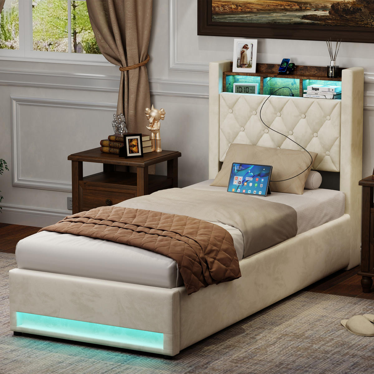 POLSTERBETT 90/200 cm Beige mit LED-Lichtleiste und USB-Anschlüssen - Beige, Holzwerkstoff (90/200cm) - OKWISH