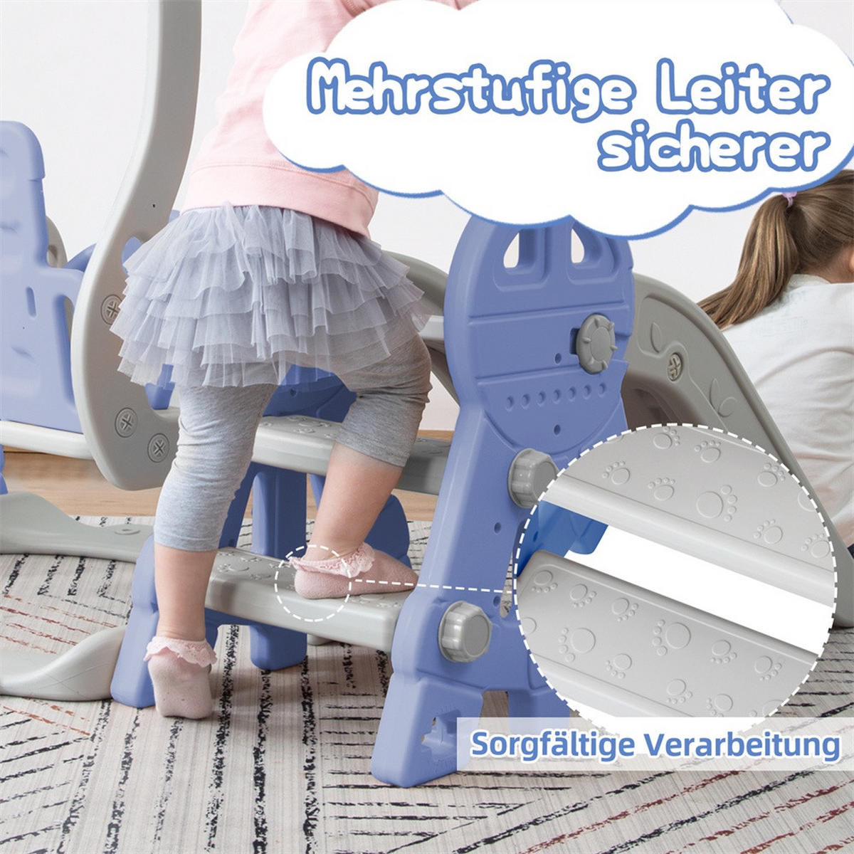 KINDERRUTSCHE mit Klettergerüst, Schaukel, Basketballkorb und Leiter - Blau-Grau - 4-in-1 Multifunktions-Spielplatz - Blau, Kunststoff (118/85/140cm) - DELFA